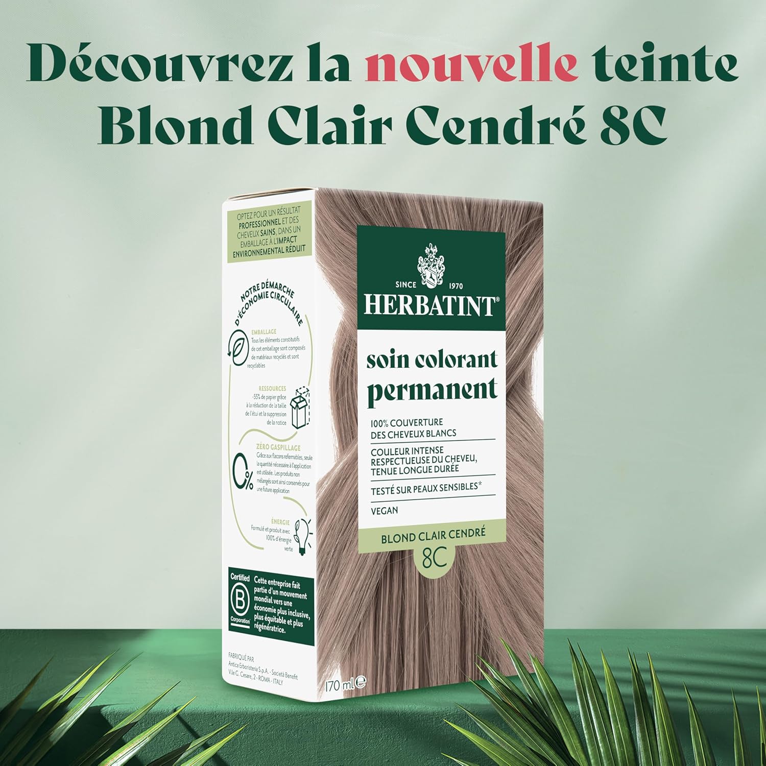 Herbatint - Soin Colorant 8C - 170 ml - sans ammoniaque, couvre 100% des cheveux blancs