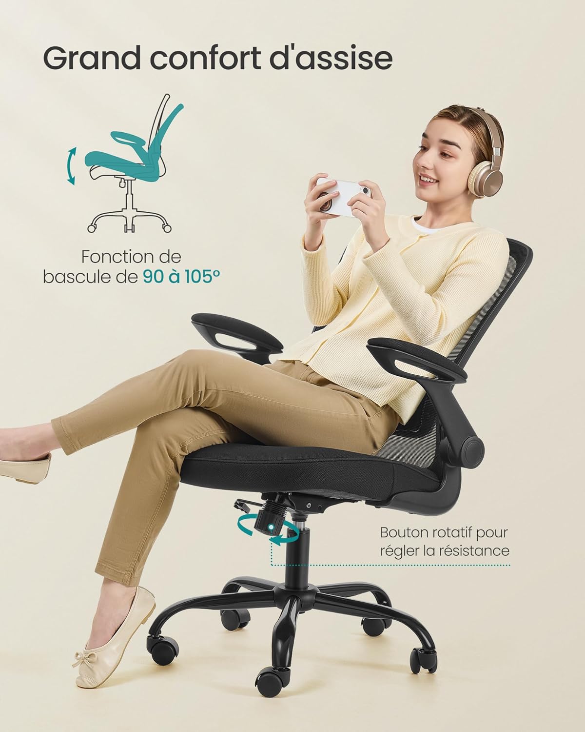 SONGMICS - chaise bureau ergonomique - 53 cm - tissu maille, support lombaire, accoudoirs rabattables OBN37BK