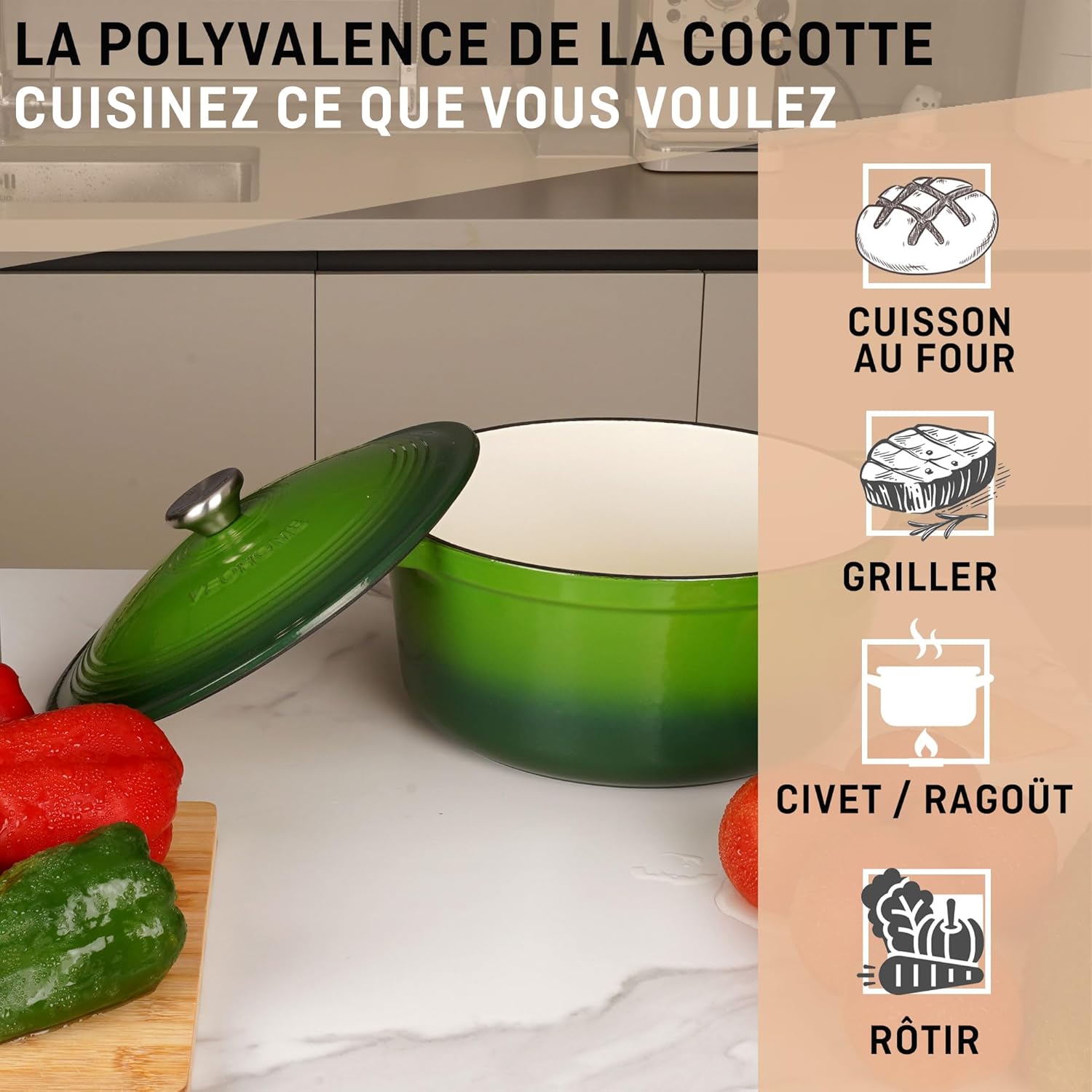 VeoHome - cocotte ronde émaillée 28cm 6L - induction/four/gaz