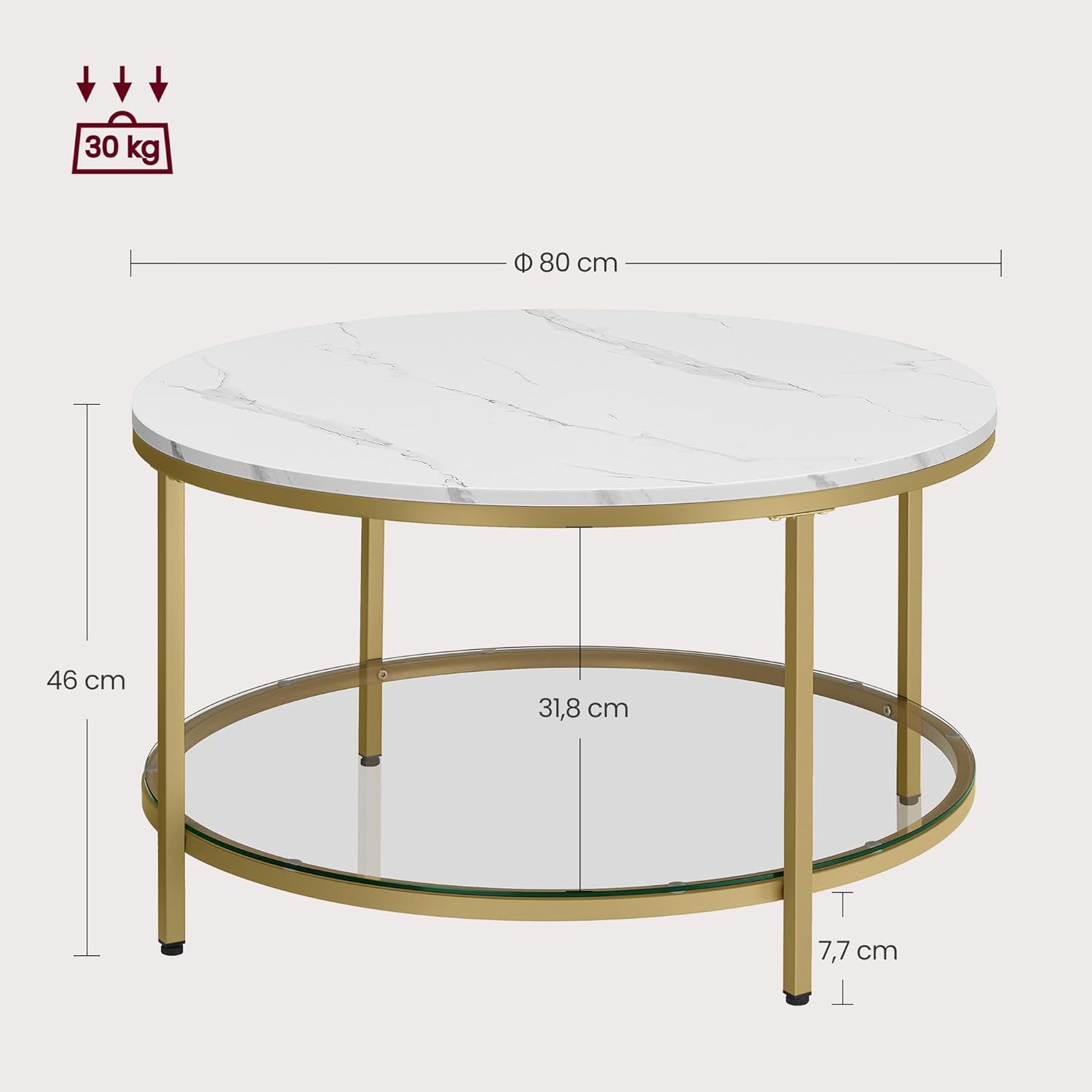 VASAGLE - table basse moderne marbre/verre 59x40cm dorée LCT071W59