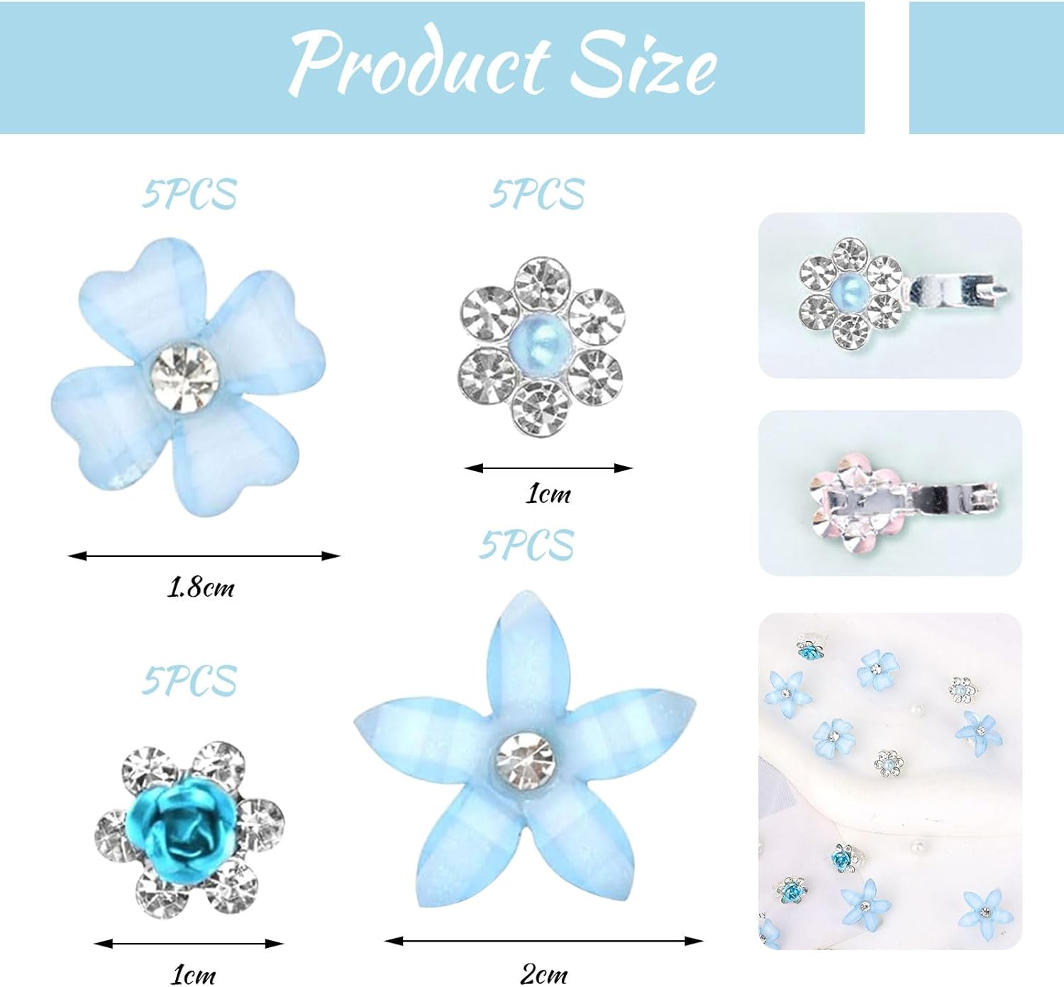 Pinces à cheveux - lot de 20 - mini fleurs strass métal, mariage, barrettes