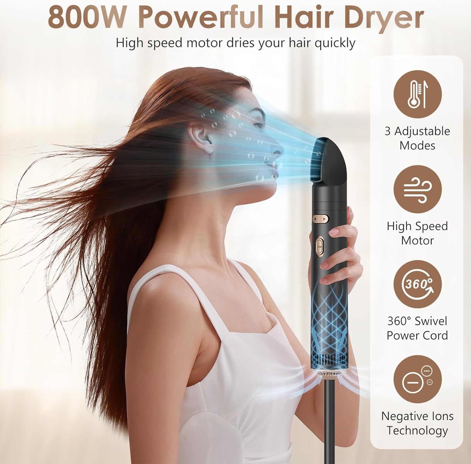 Brosse soufflante rotative 800W - 3 en 1, 38/50mm, 2 vitesses, ionique