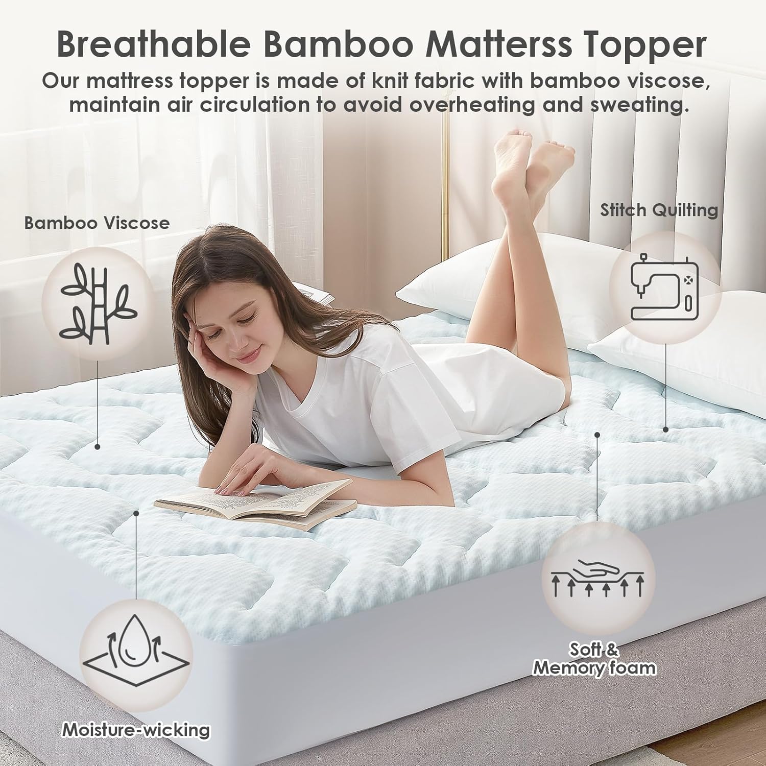 EHEYCIGA - Surmatelas mémoire de forme - 180x200cm - fibre rafraîchissante, poches profondes