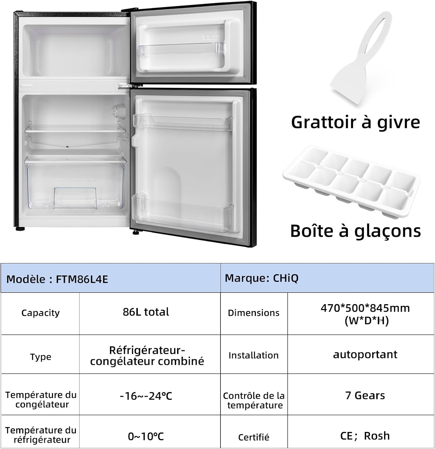 CHIQ - réfrigérateur congélateur haut, 86L, portes réversibles, congélateur 4*, machine à glaçons, classe E