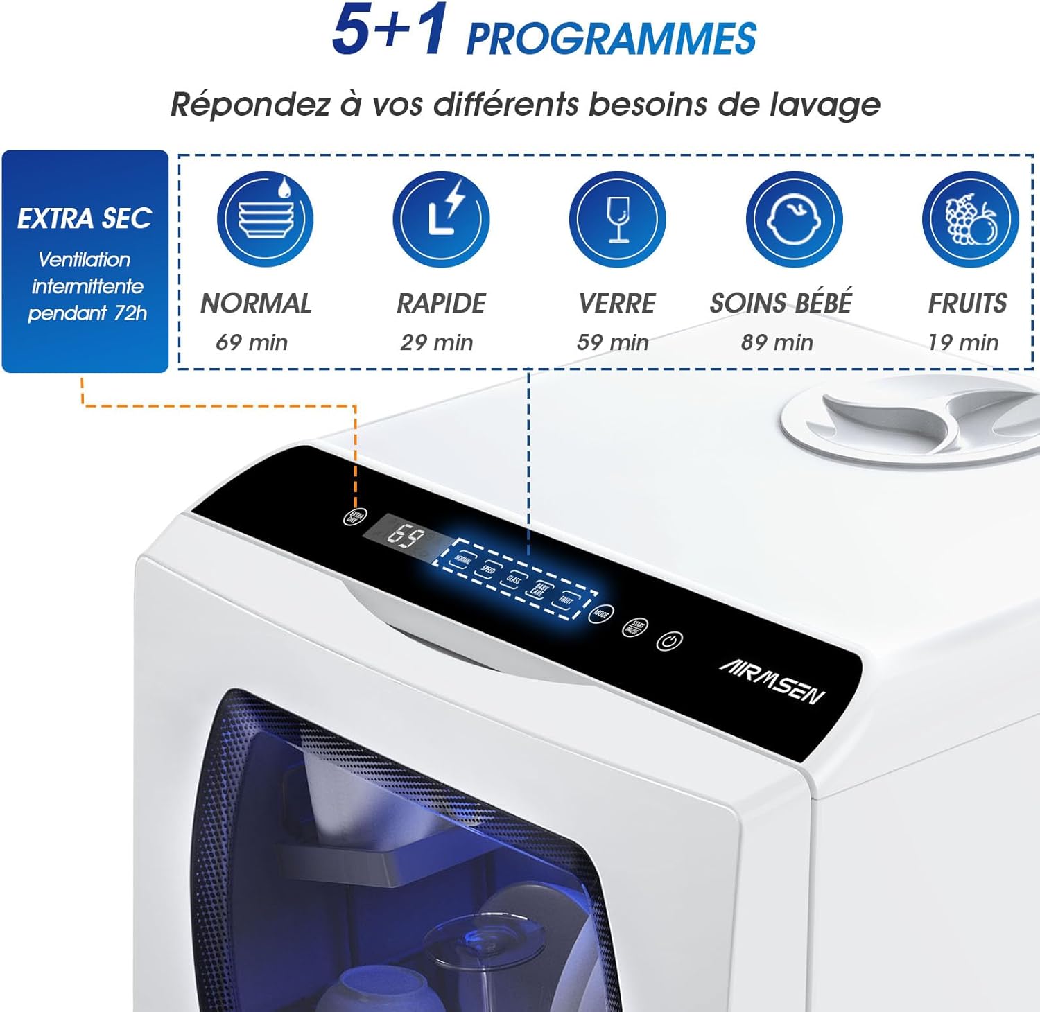 AIRMSEN - Mini lave-vaisselle compact, 5L, 6 programmes, écran LED