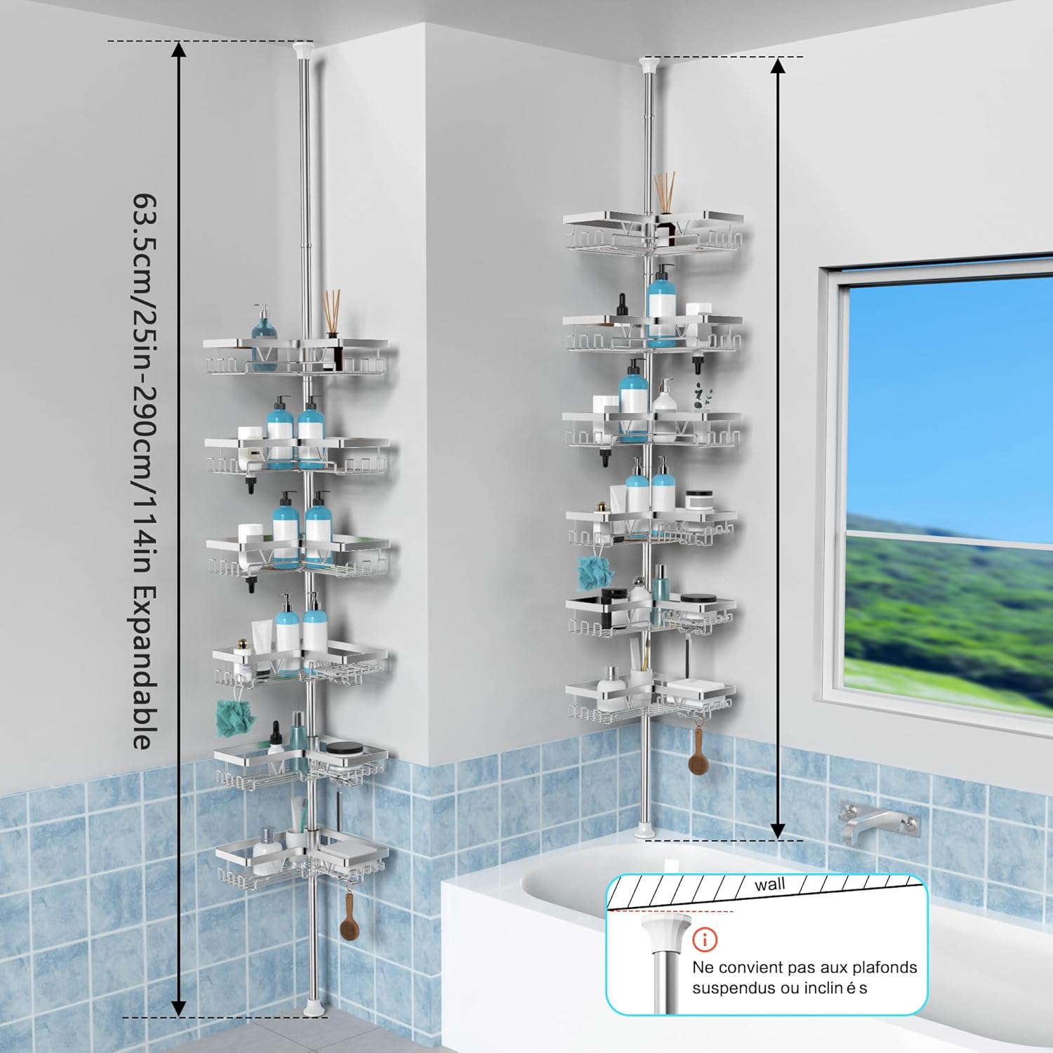 KEGII - étagère douche télescopique - 63,5-290cm - inox, 6 plateaux réglables, argenté, KEGII