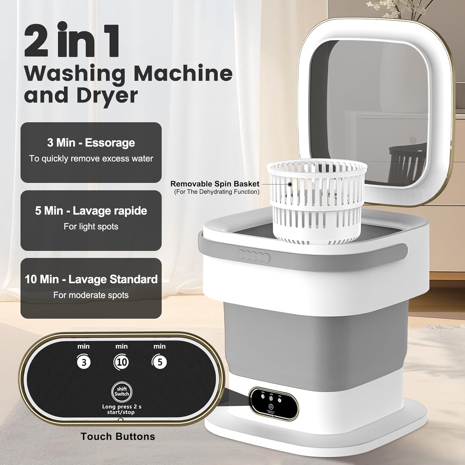 Mini machine à laver - 15L - portable, essorage, 3 modes, compacte