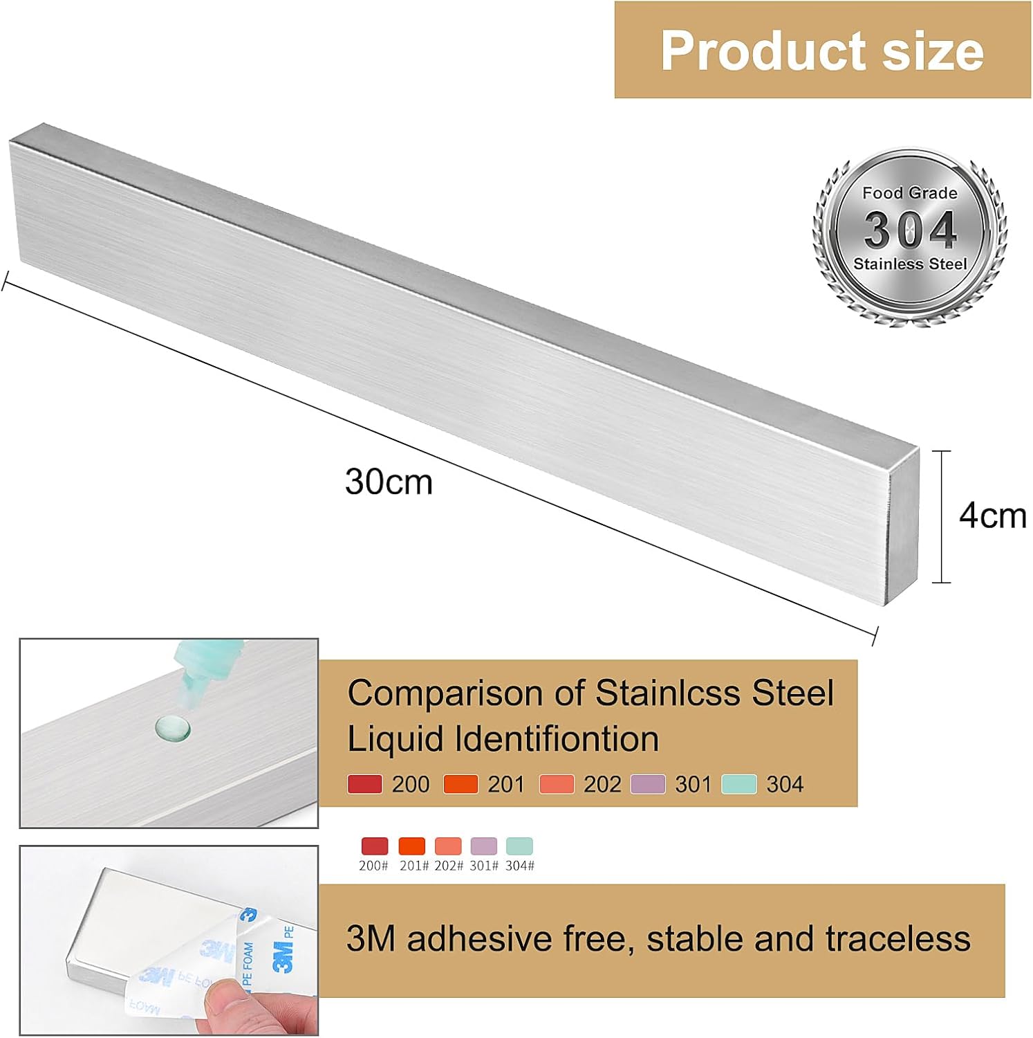 Porte-couteau magnétique - 30 cm - inox, fixation murale sans perçage