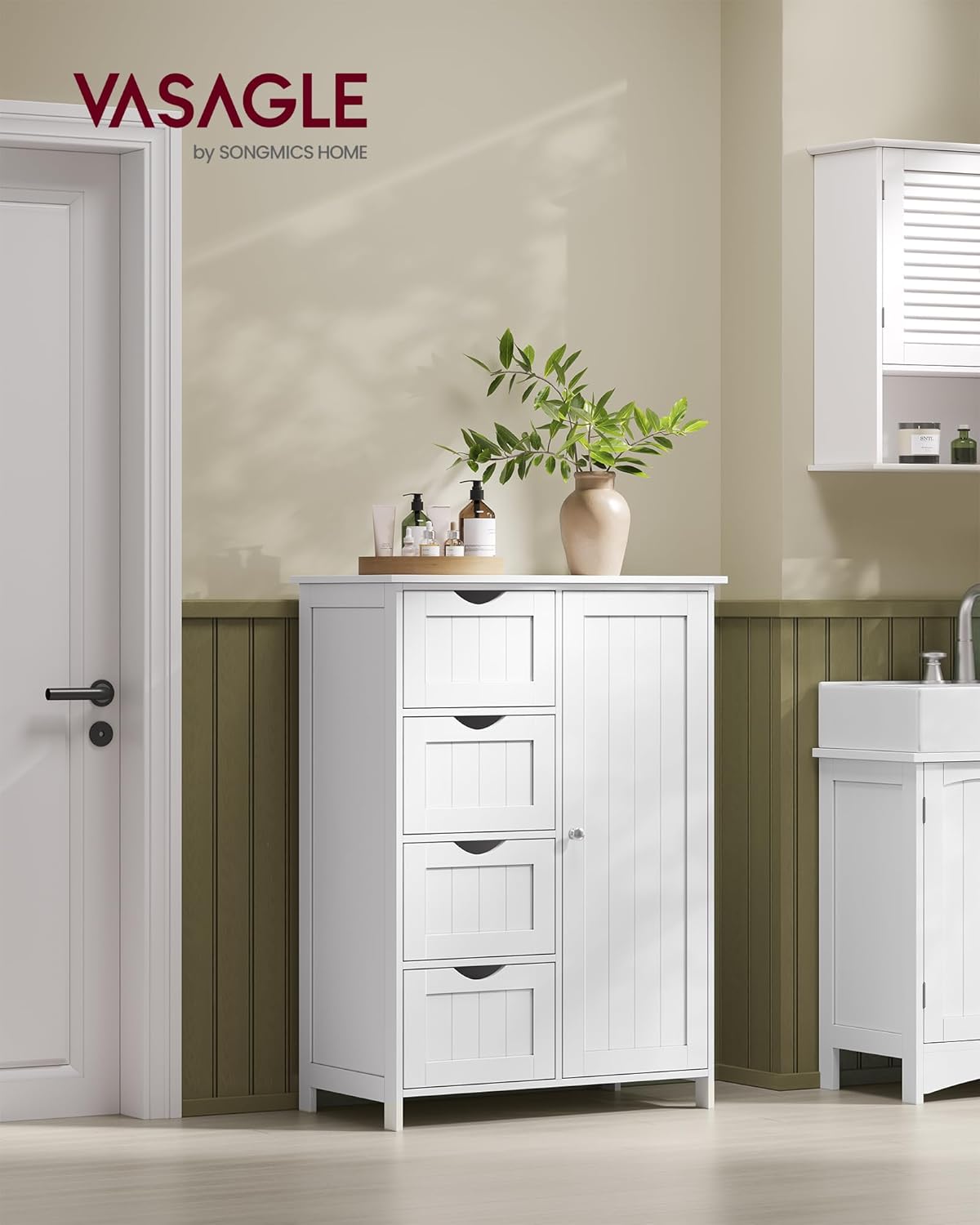 VASAGLE - meuble salle de bain rangement, 35x65x90cm, 4 tiroirs, étagère réglable LHC042W01