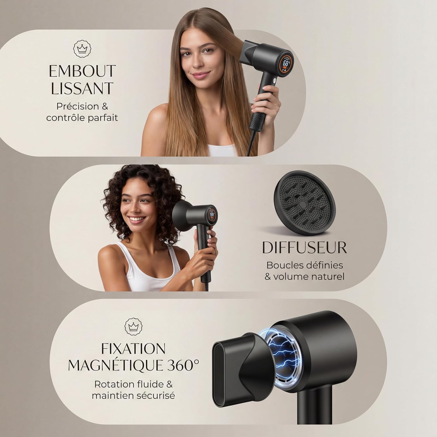 Sèche-cheveux professionnel ionique - moteur brushless, silencieux, 110000 TR/MIN