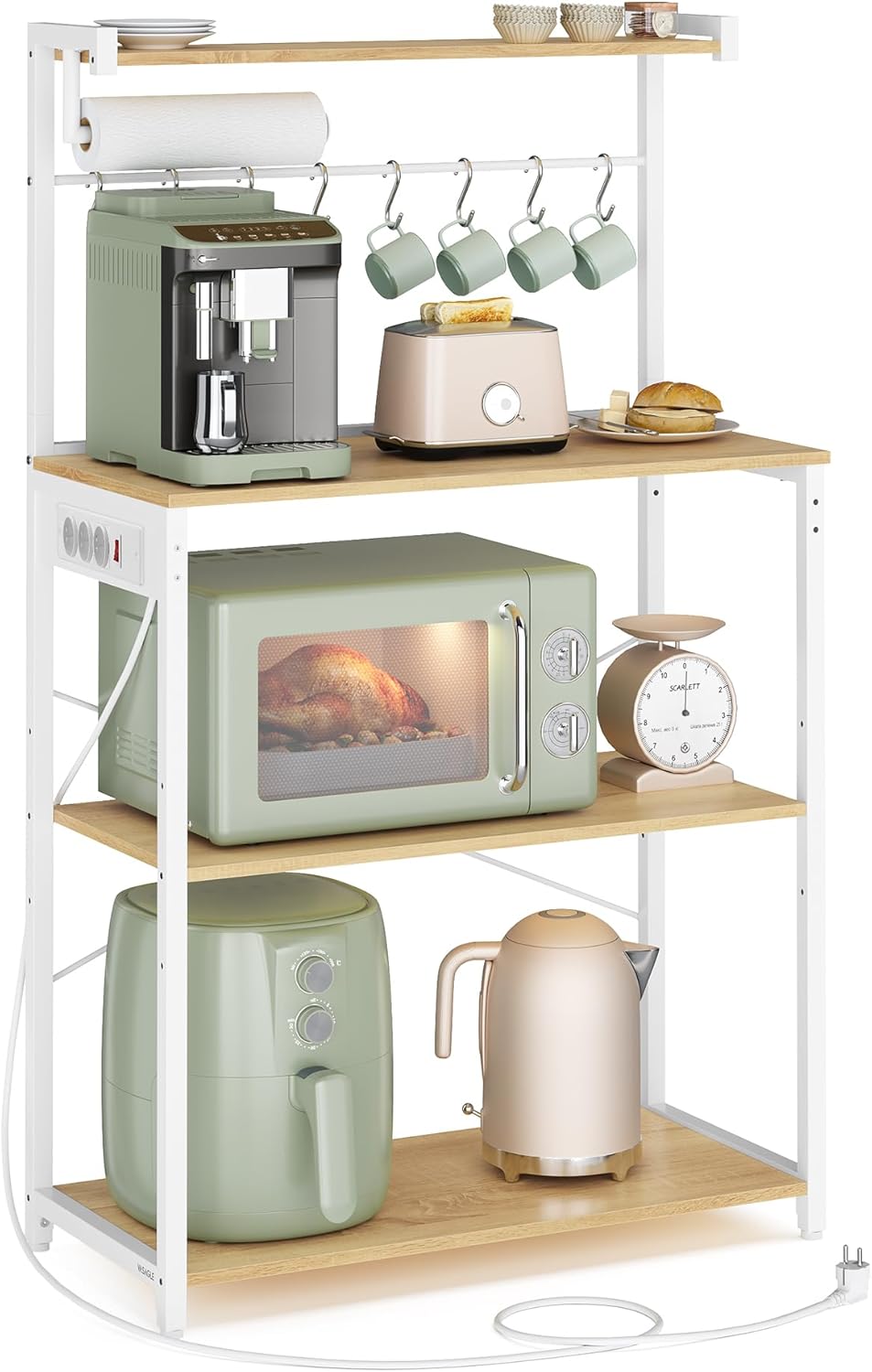 VASAGLE - étagère cuisine 4 niveaux, multiprise, 80x40x140 cm, 8 crochets, KKS029YA02