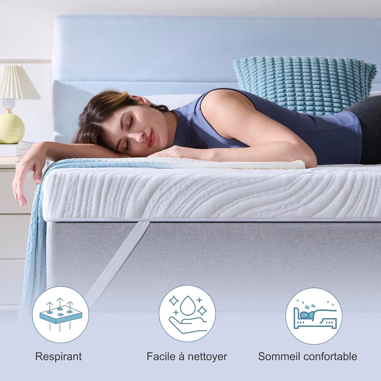 Surmatelas - mousse mémoire de forme gel - 90x190x10cm - épaisseur 10cm, housse amovible lavable, design antidérapant