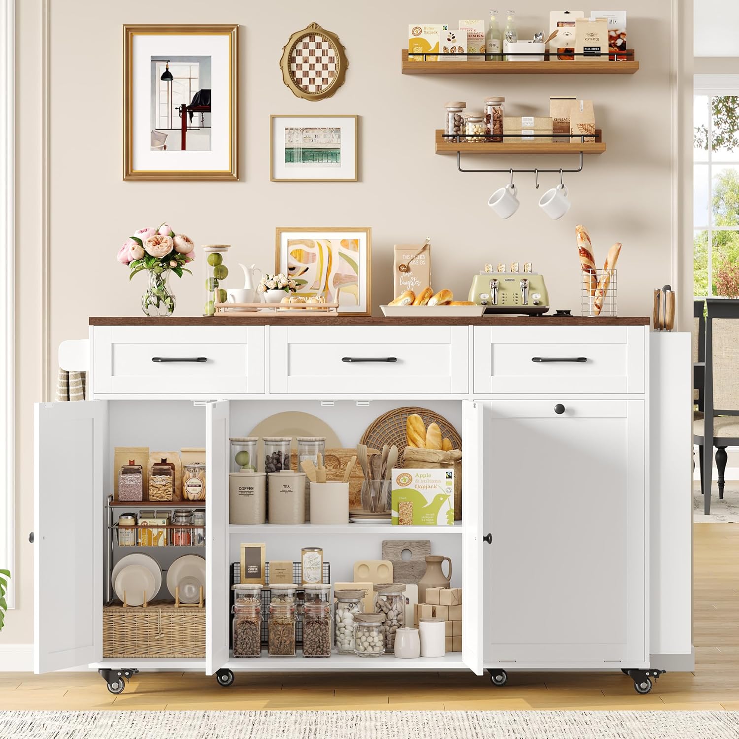 FirFurd - îlot cuisine rangement pliable, USB, blanc, 135x60x88cm