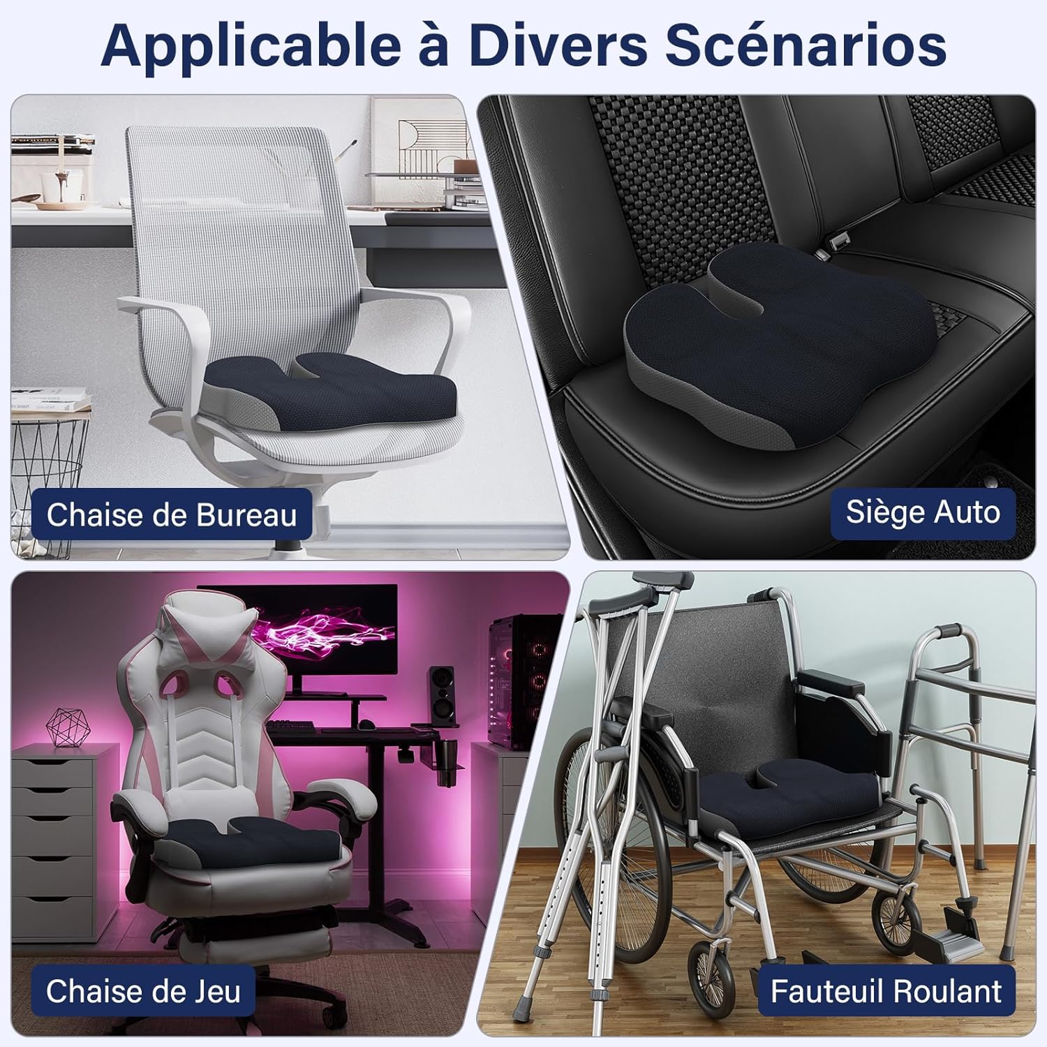 Coussin coccyx - ergonomique, soulage douleur hanches & sciatique, assise chaise bureau, gris foncé