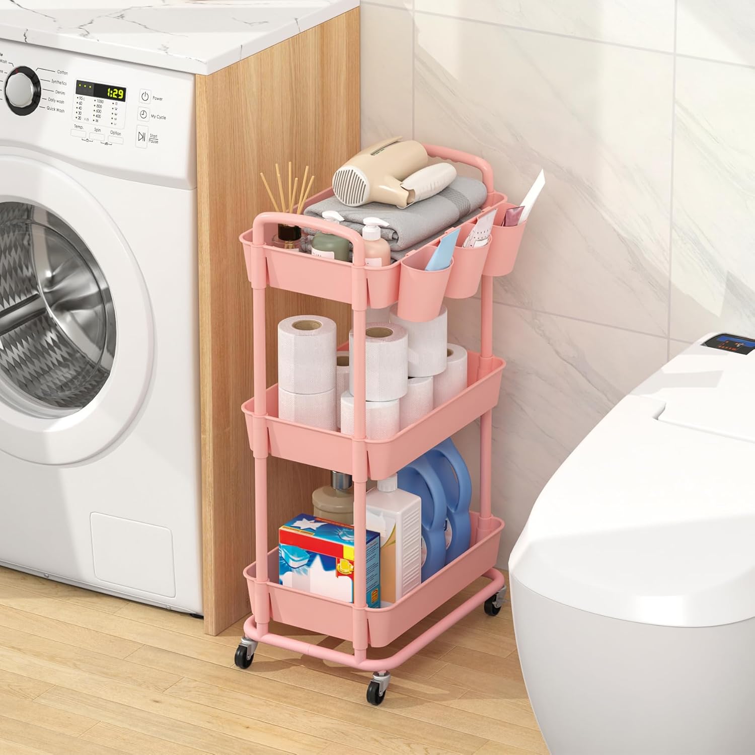 JIUYOTREE - chariot rangement 3 niveaux, roulettes, poignées, gobelets, 78x44x36 cm, rose