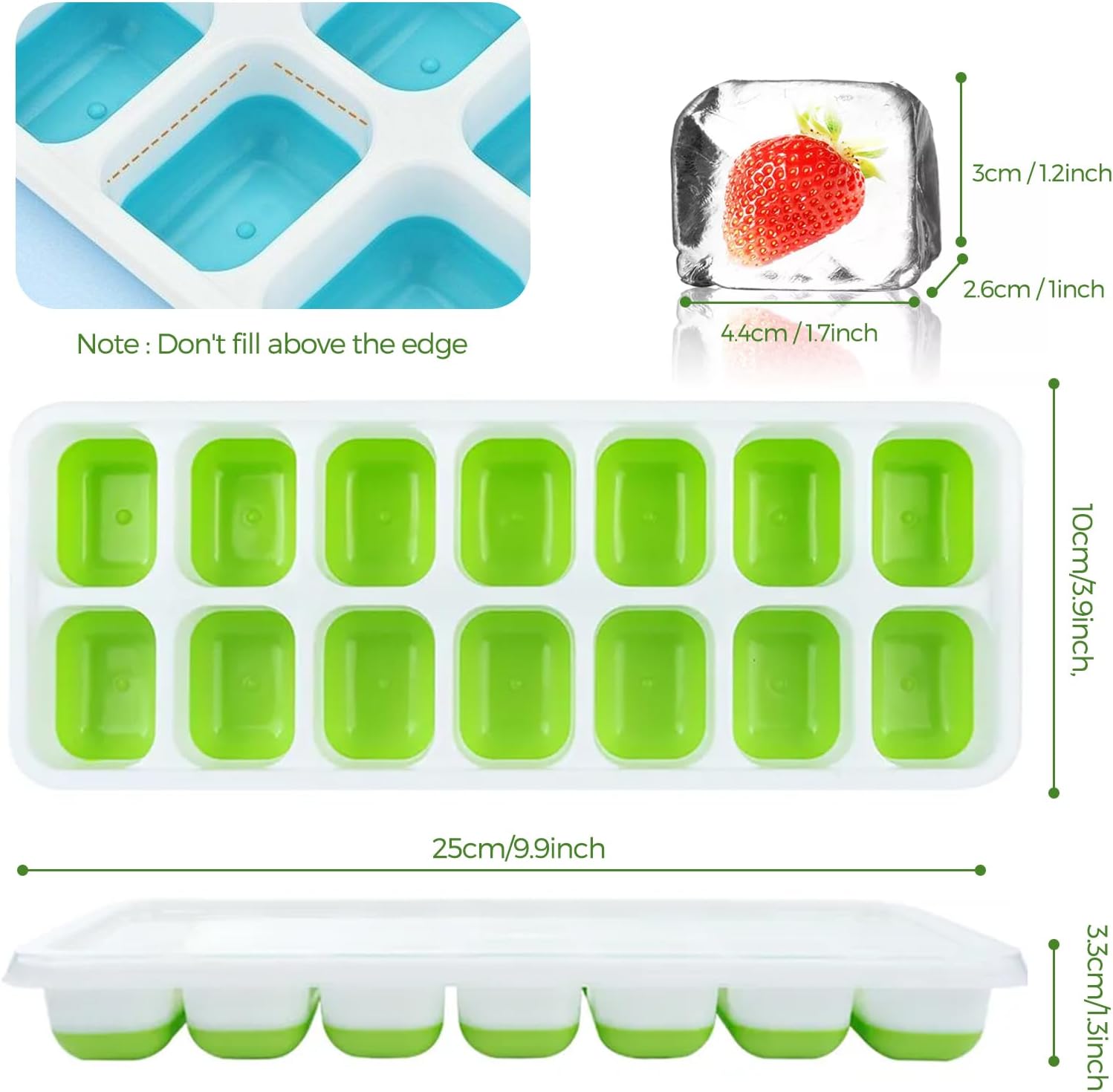 Bacs à glaçons silicone - 4 pièces - avec couvercle, LFGB sans BPA, facile à démouler, 2 verts + 2 bleus