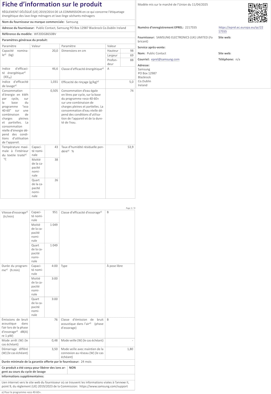 SAMSUNG - lave-linge frontal série 8000 - grande capacité, vapeur, 60x85x65 cm - WF20DG8650BV