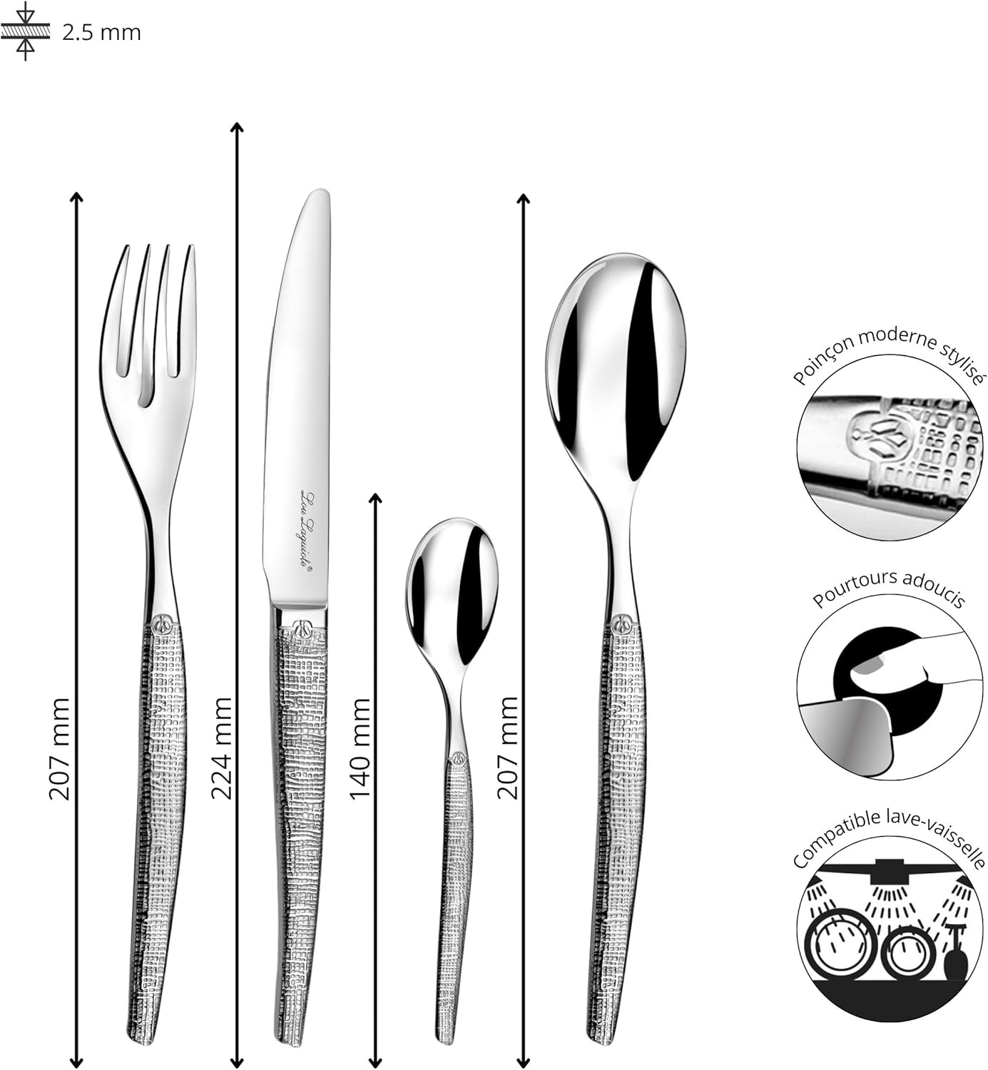 Lou Laguiole - Jet - 24 couverts inox 18/0 finition textil, 6 personnes