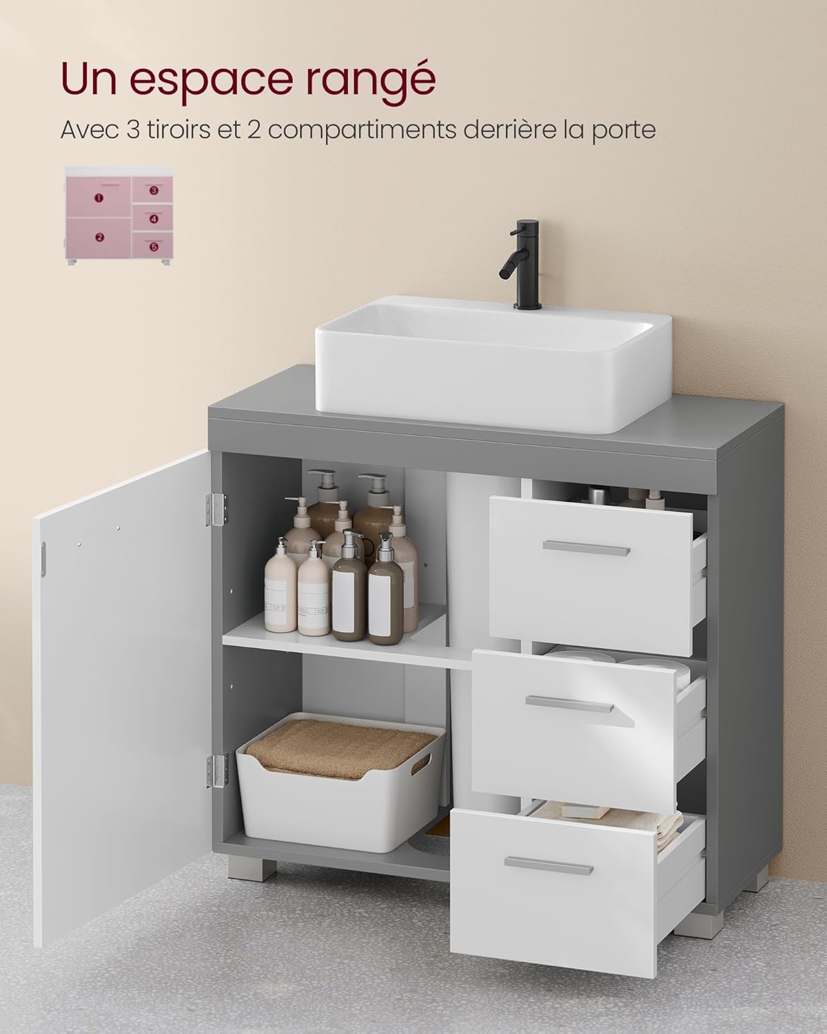 VASAGLE - meuble sous lavabo BBK504W02 - 30x70x64 cm - 3 tiroirs, 2 cases, blanc et gris