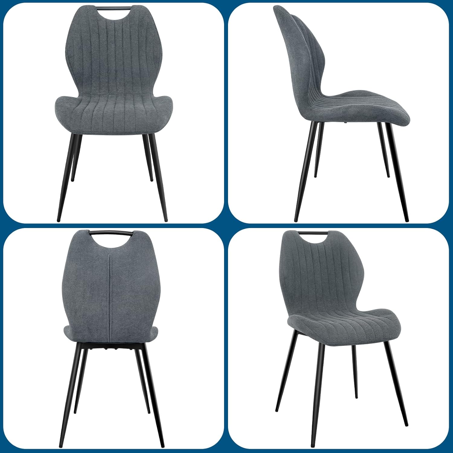 Chaises de salle à manger - lot de 4 - tissu gris, pieds métal, dossier confortable