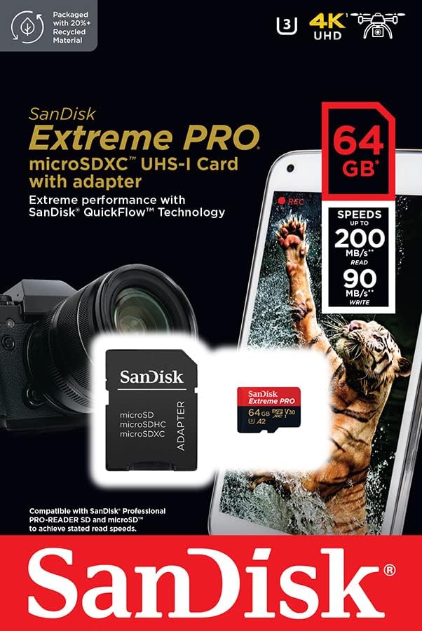 SanDisk - Extreme PRO 64 Go - microSDXC + adaptateur, A2 UHS-I, 200 Mo/s V30