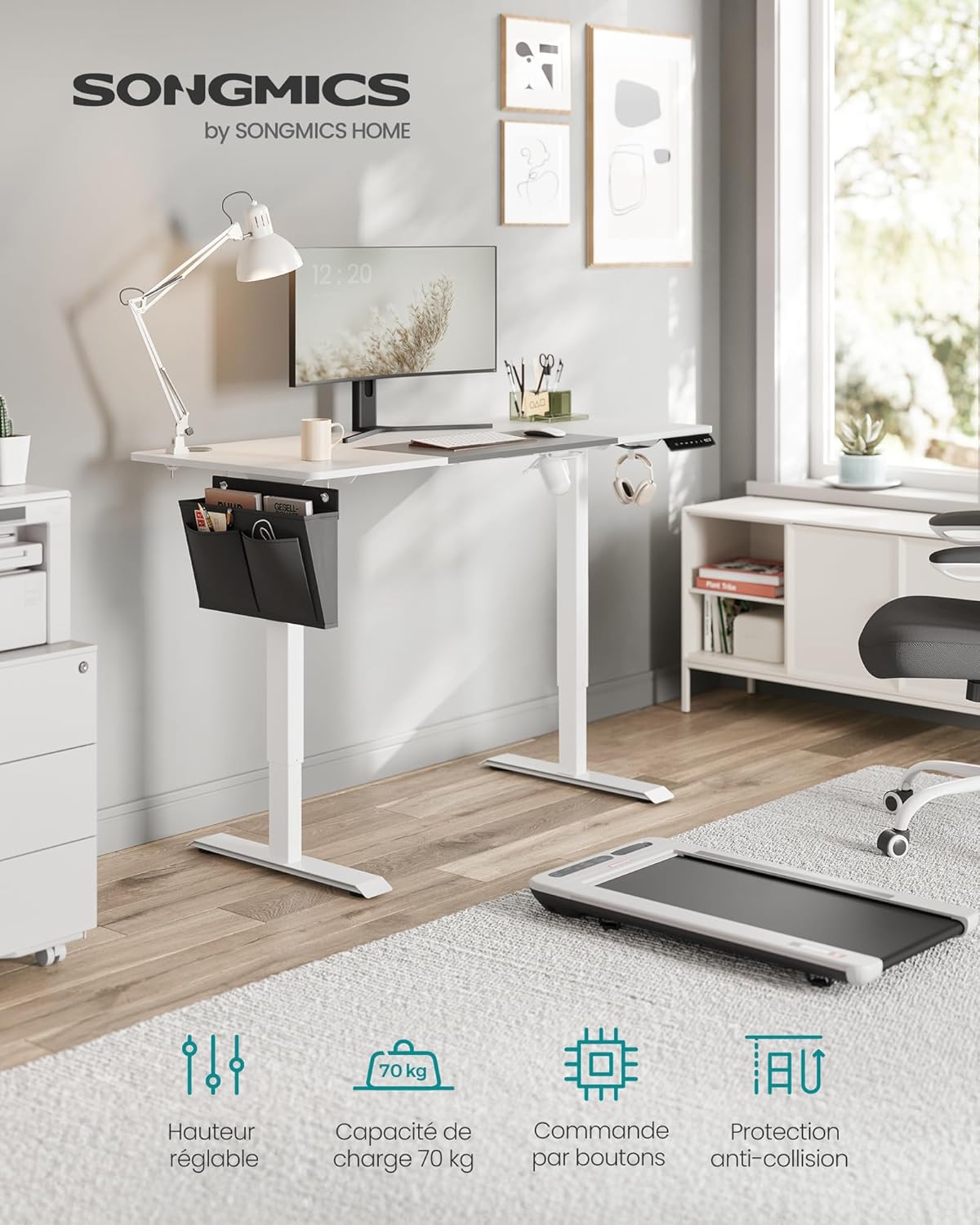SONGMICS - Bureau électrique assis-debout - 140x60 cm - Hauteur réglable, mémoire 4 positions, blanc/gris - LSD016W02
