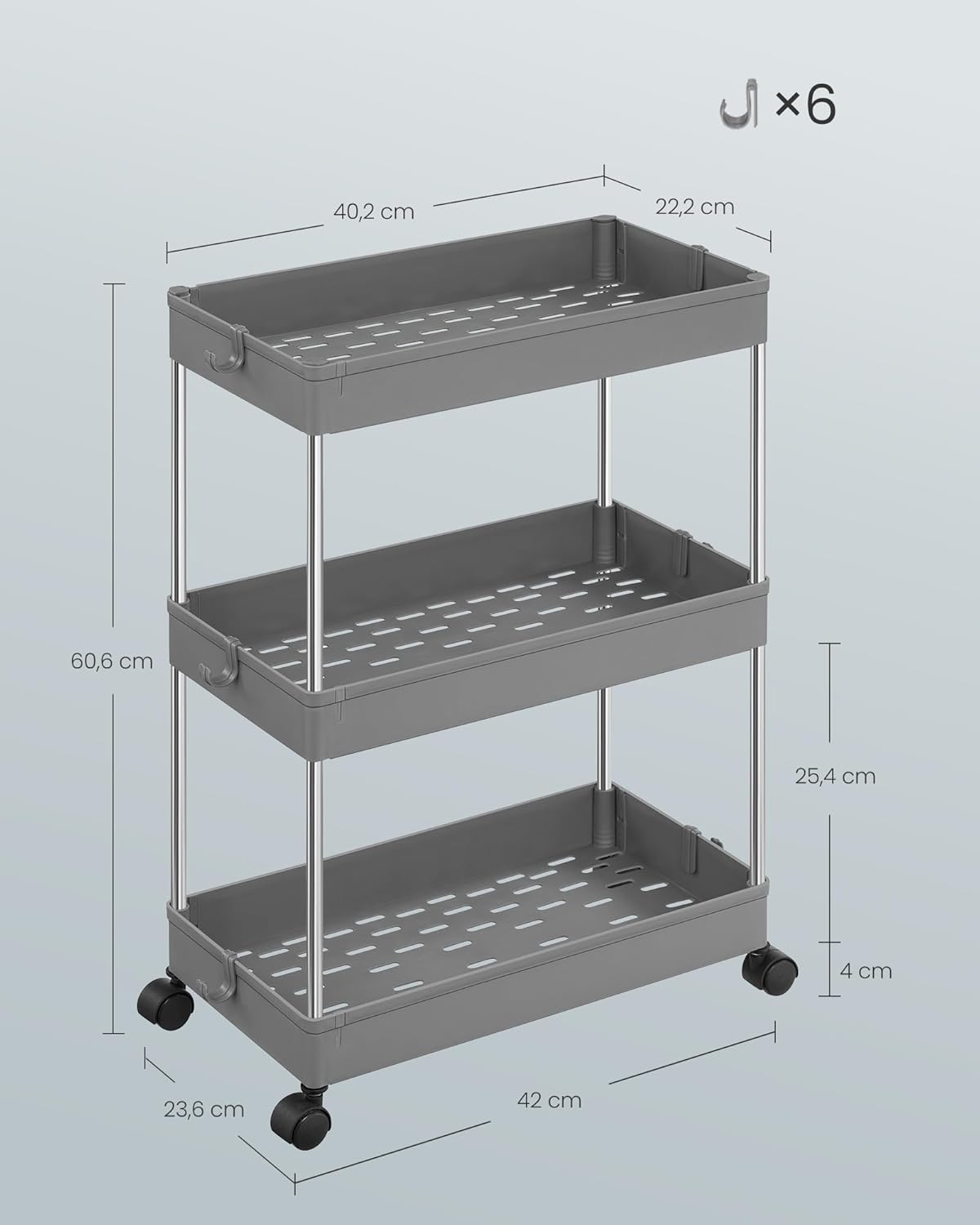 SONGMICS - Chariot cuisine 3 niveaux, acier, 23,6x42x60,6cm, 6 crochets, KSC009G01