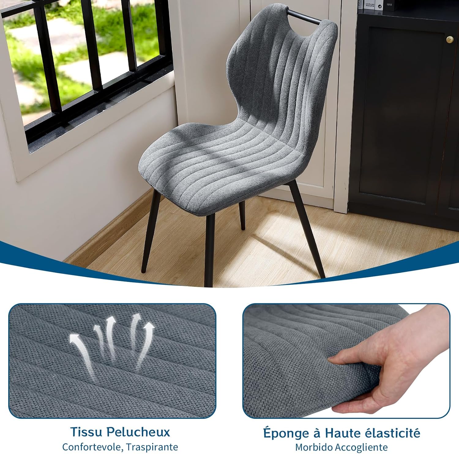 Chaises de salle à manger - lot de 4 - tissu gris, pieds métal, dossier confortable