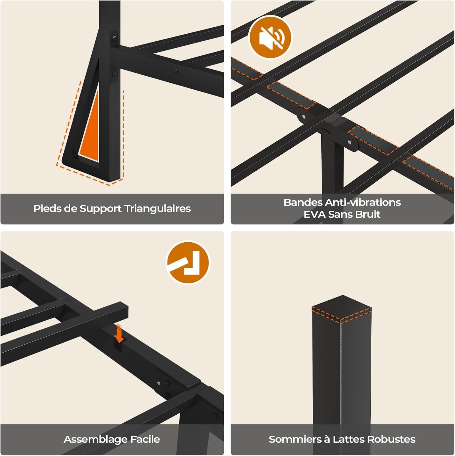 DICTAC - Lit double métal 140x200, LED, USB, rangement, vintage/NOIR - DICTAC