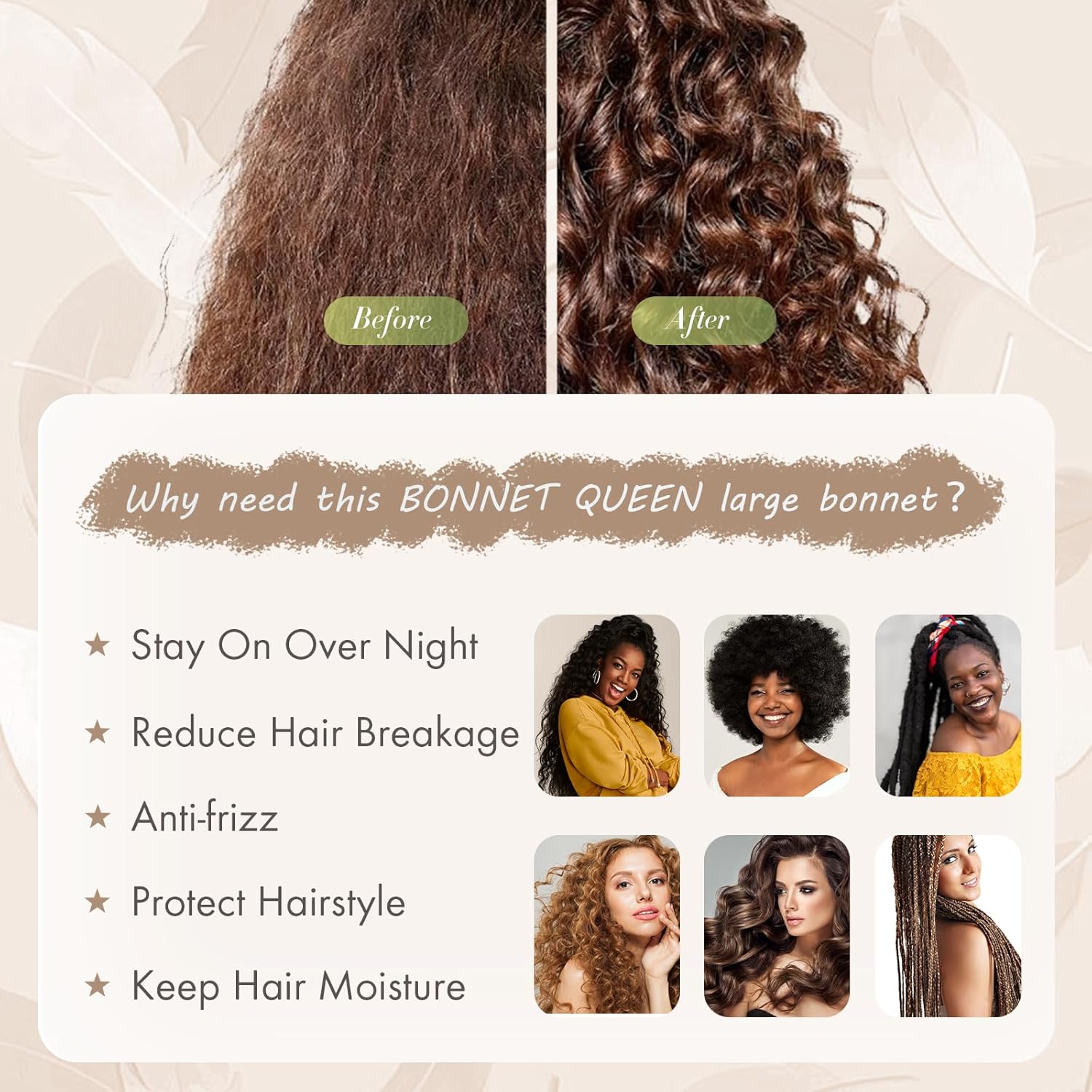 BONNET QUEEN - bonnet satin ajustable - grand - élastique long, champagne, pour cheveux bouclés