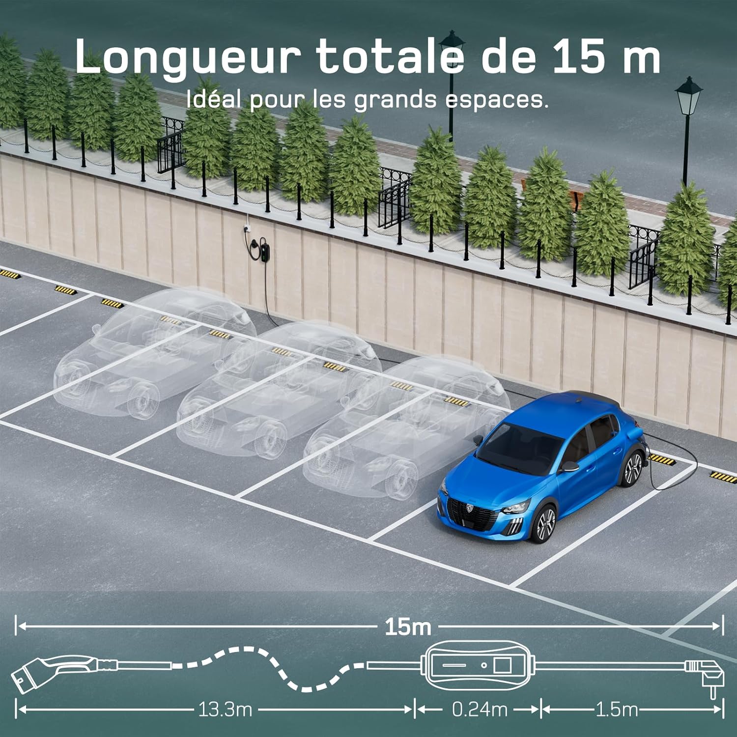 Chargeur Voiture Électrique - 15m - 3,68kW, 6/8/10/13/16A, LCD, Type 2