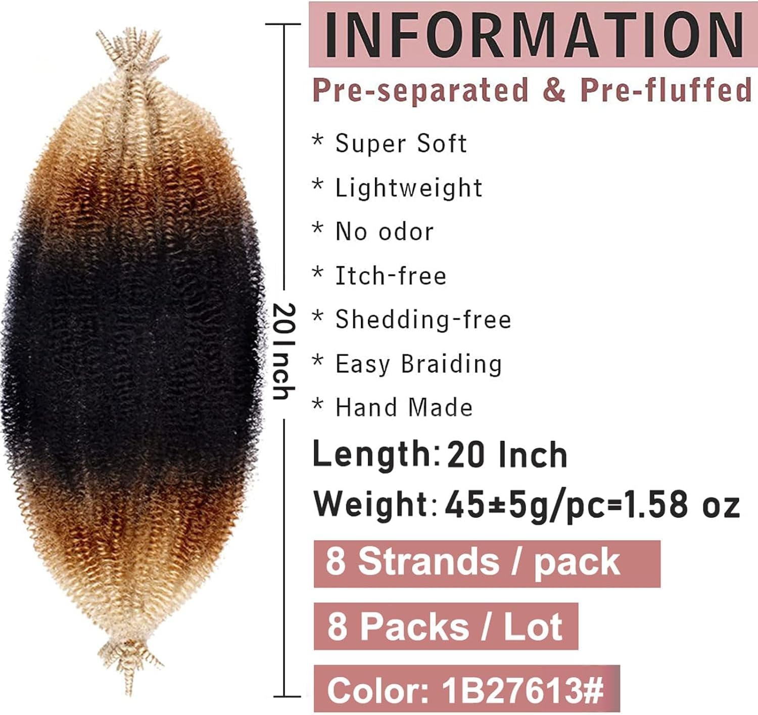 Xtrend - Springy Afro Twist série - 20 pouces - 8 packs synthétiques, 1B27613#