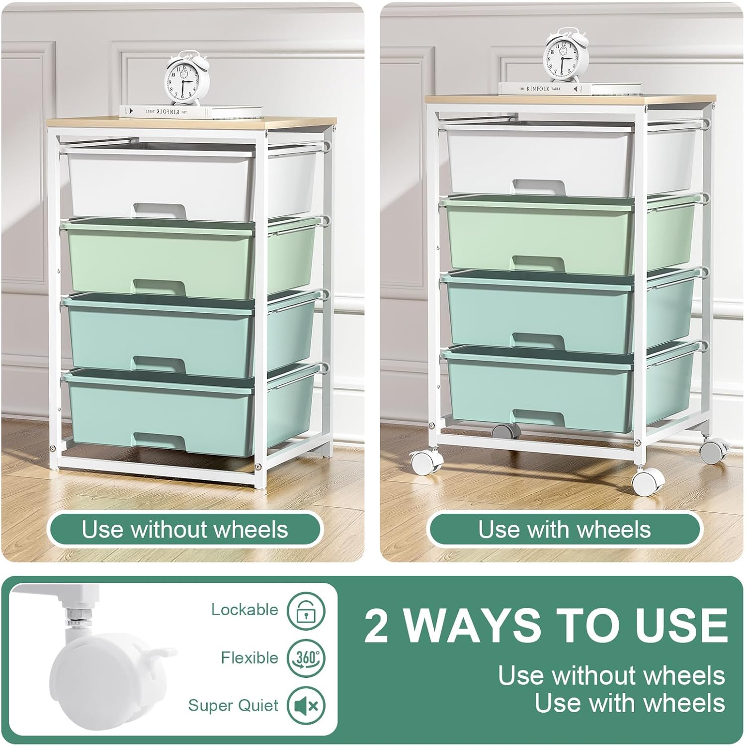 Chariot de Rangement - 4 tiroirs sur roulettes, plateau bois, grande capacité, vert - Idéal cuisine, salon, chambre