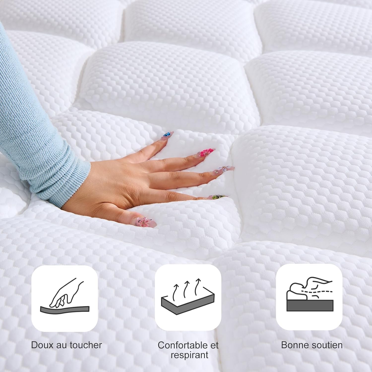 Matelas hybride 160x200x25 cm, mémoire de forme, ressorts, peau douce, respirant