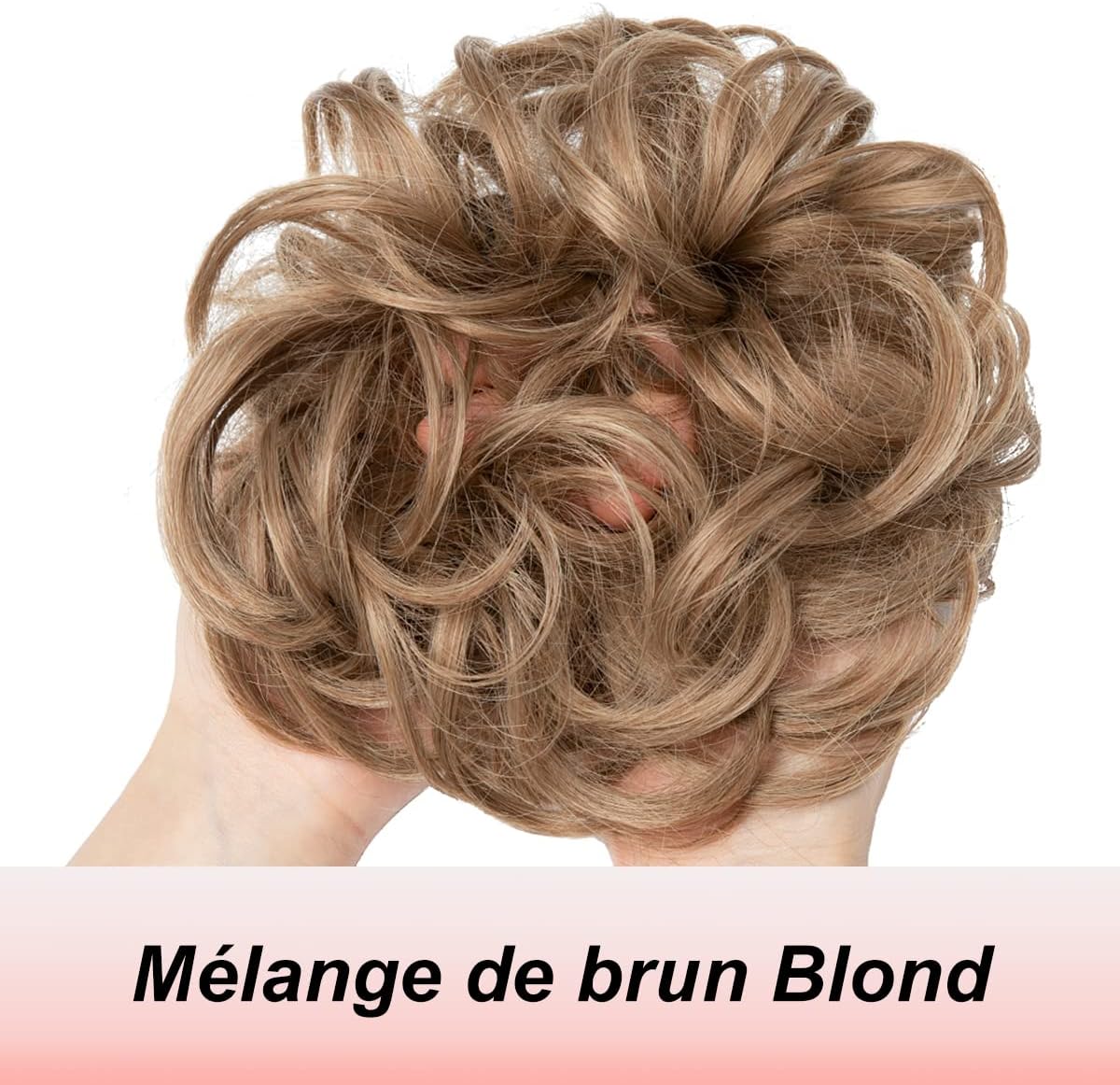 JJstar - Chignon postiche bouclé, élastique, cheveux naturels, mélange brun blond