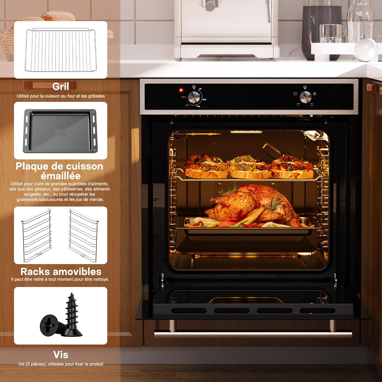 Karinear - four électrique 60 cm, 65L, 4 programmes, 2200W, verre trempé