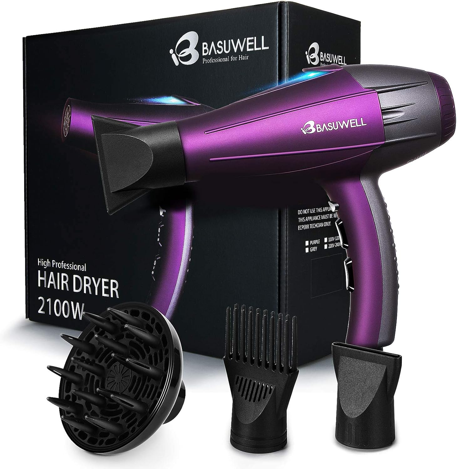 Sèche-cheveux professionnel 2100W, ionique, diffuseur, AC moteur
