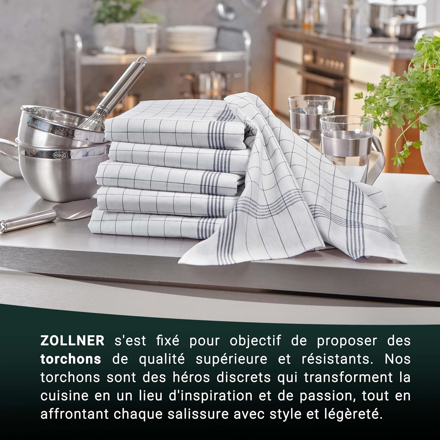 ZOLLNER - Set de torchons - 50x70 cm - 100% coton, gris