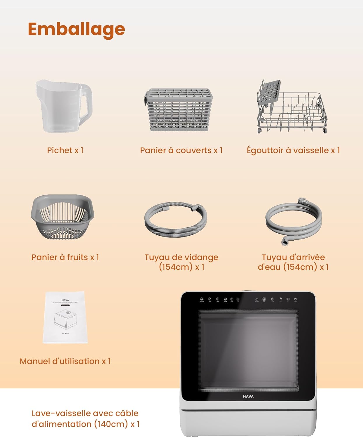 HAVA - lave-vaisselle compact série 2025 - efficace, 8 programmes, adoucisseur, verrou enfant, démarrage différé