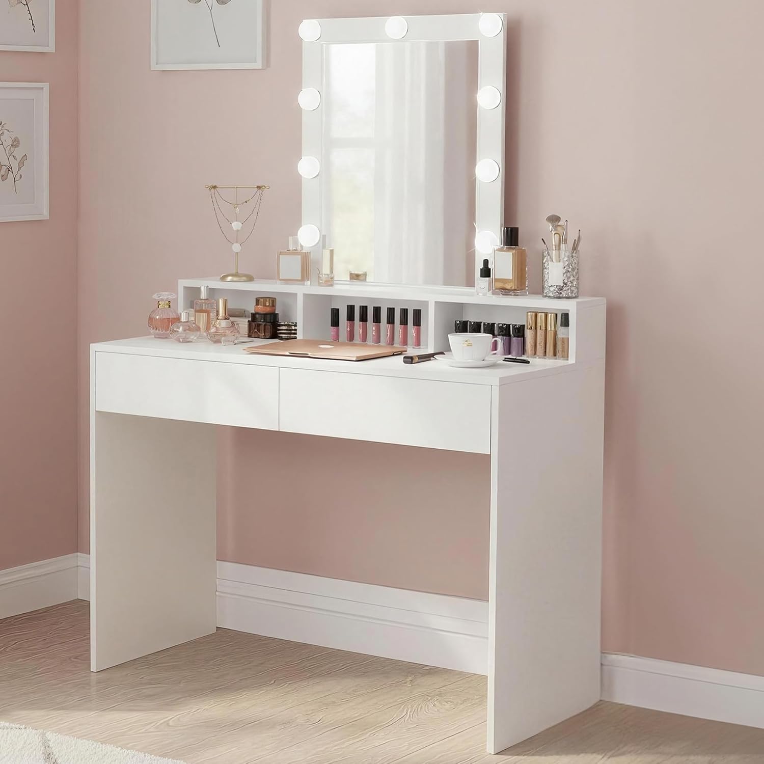 VASAGLE - KAILYN Collection - 100x40x145 cm - coiffeuse LED, 2 tiroirs, blanc RDT164W01