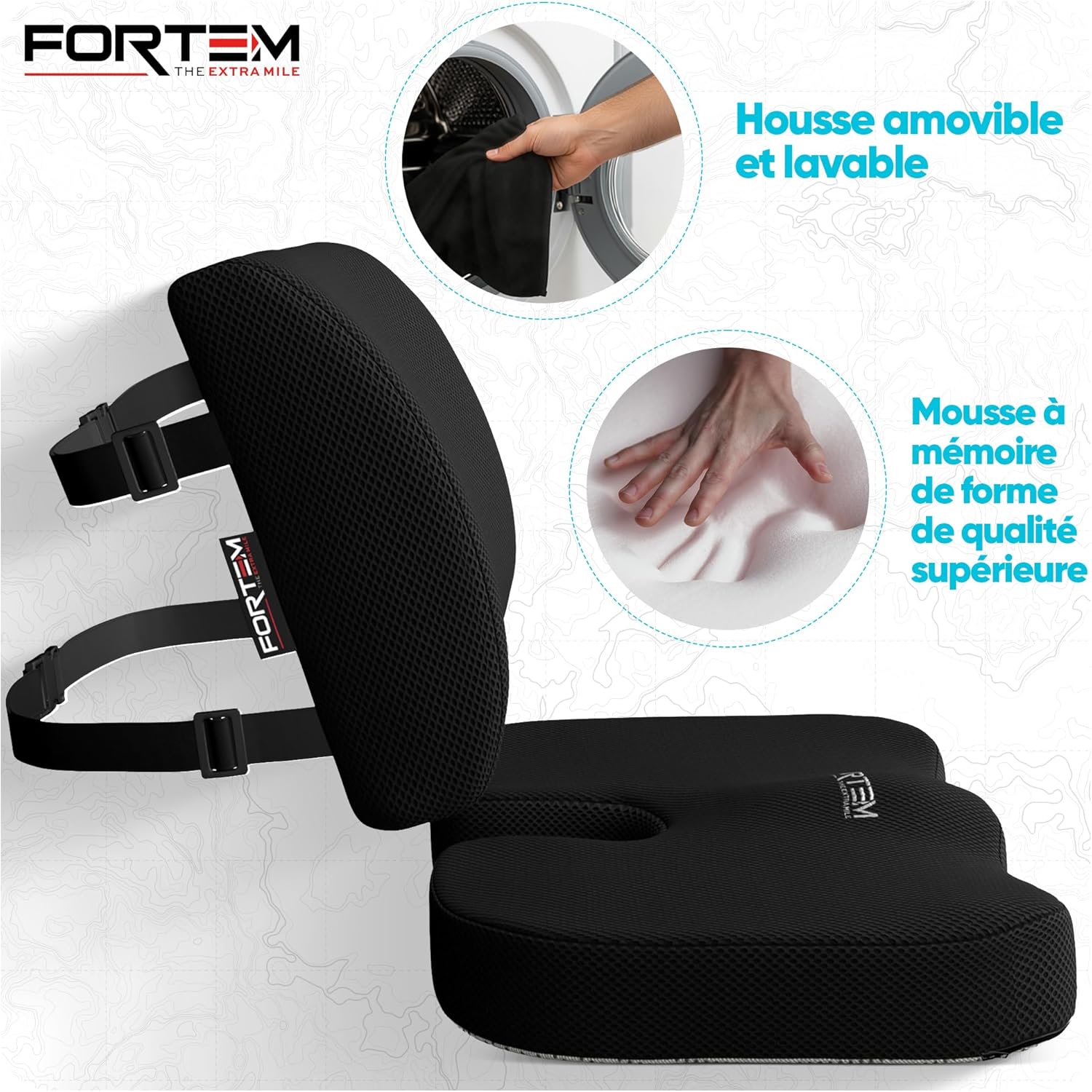 FORTEM - coussin lombaire et assise - mousse mémoire - antidérapant, soutien dos, confort prolongé
