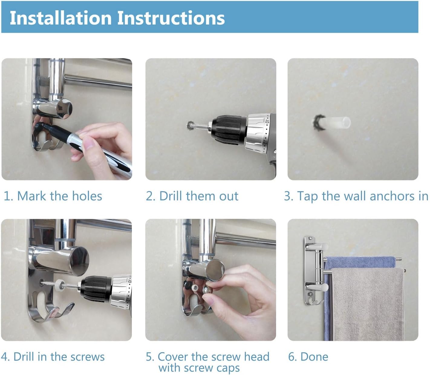 JSVER - porte-serviette double pivotant inox 180° - gain de place - argent