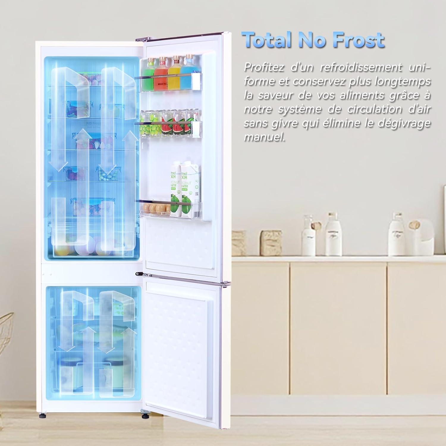 magictec - réfrigérateur vintage 179cm, 236L, No Frost, alarme, crème