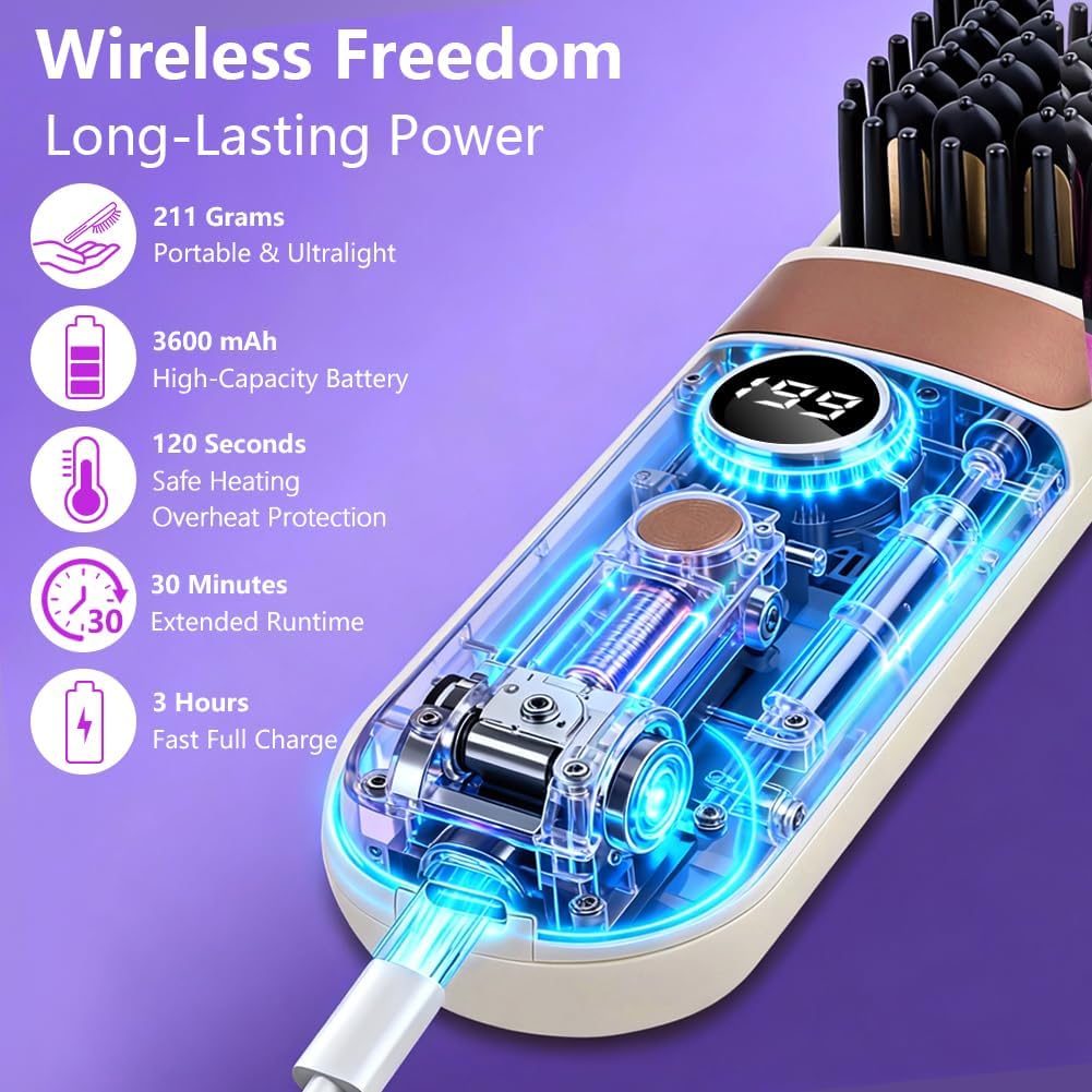 LOPHE - Brosse lissante sans fil, écran LED, 4 températures, USB-C, 3600mAh