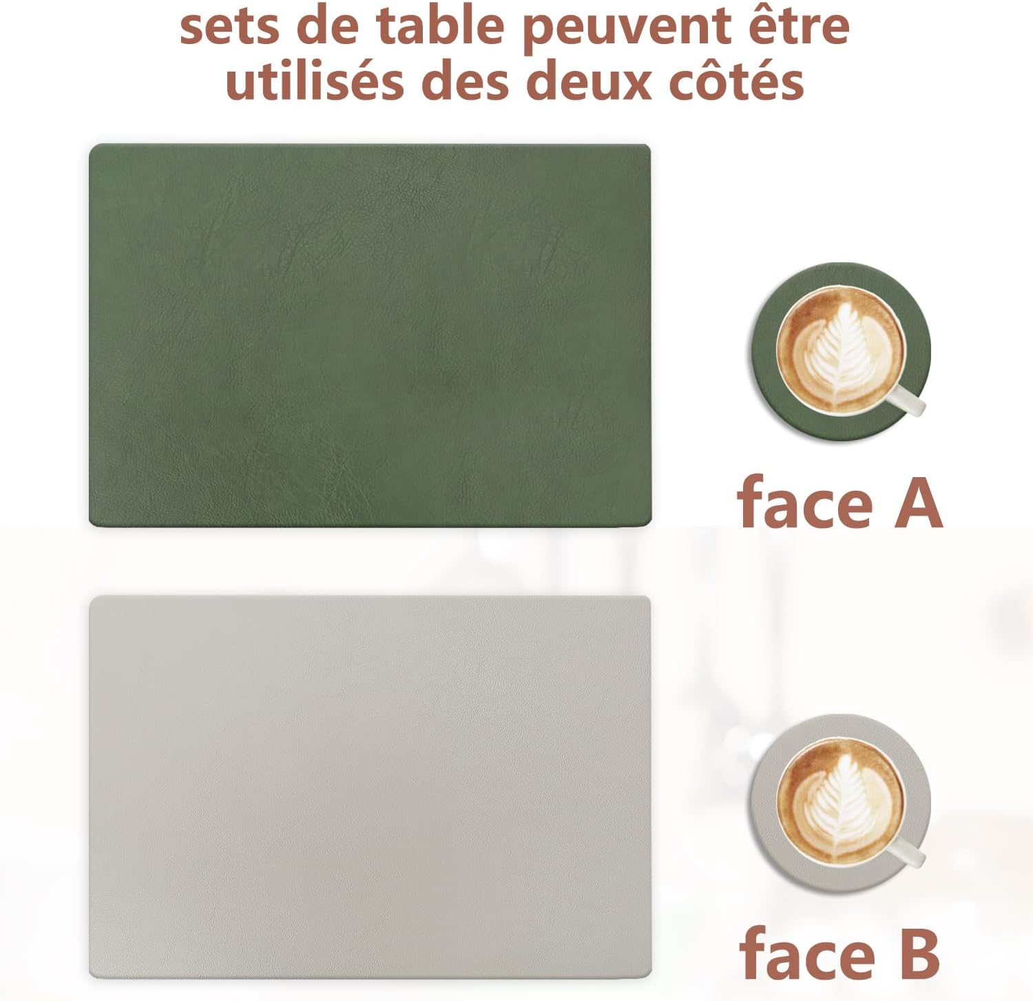 Set de table - cuir PU double face 43x30cm - lavable, antidérapant, lot de 4