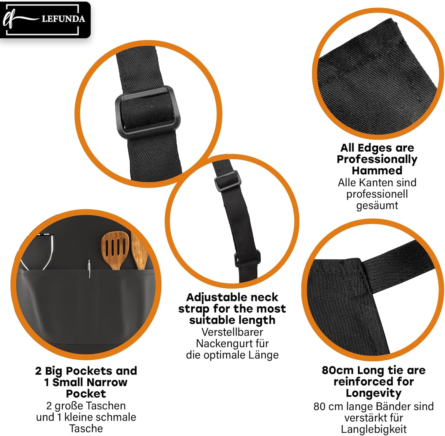 LEFUNDA - tablier cuisine étanche 3 poches, réglable longues lanières