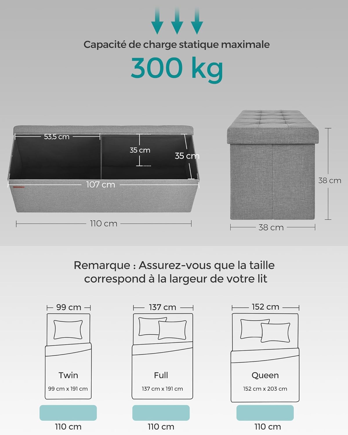 SONGMICS - Mazie collection - 110 cm - banc pliable, facile à monter, gris clair, LSF77G