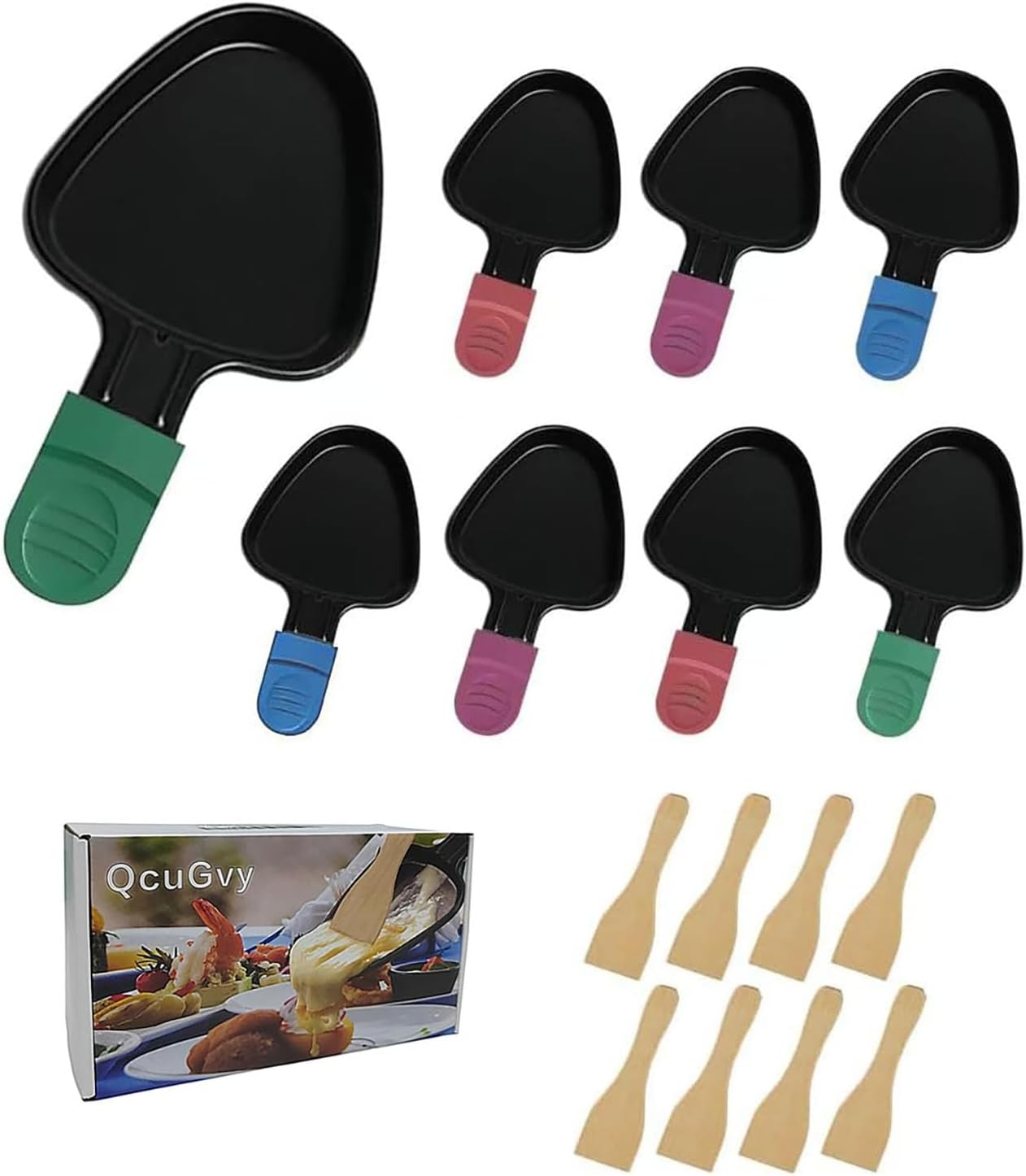 Poêlon à raclette triangulaire, antiadhésif, 18x10cm, 8 mini poêlons et 8 spatules bois