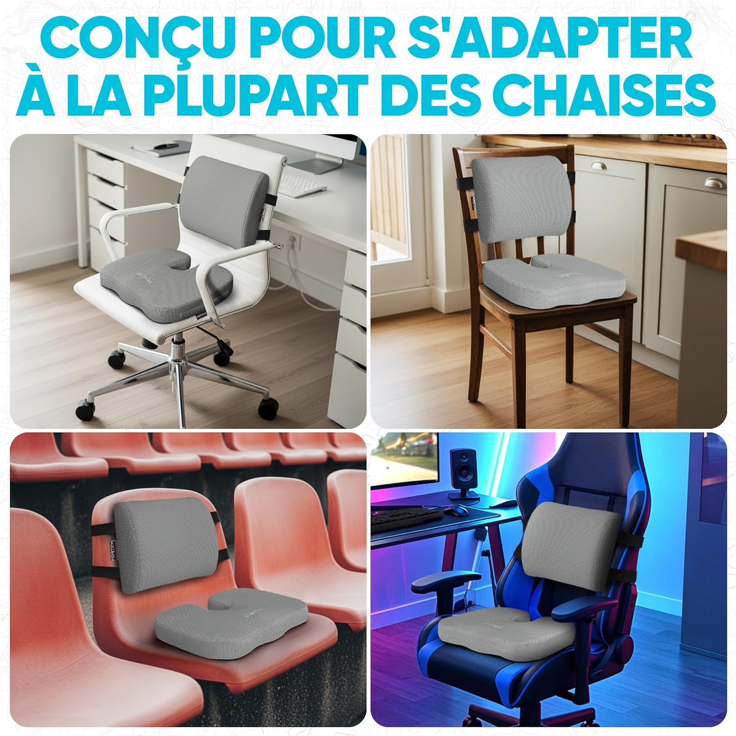 FORTEM – Coussin mémoire forme – soutien lombaire/assise – antidérapant, confort, chaise/auto