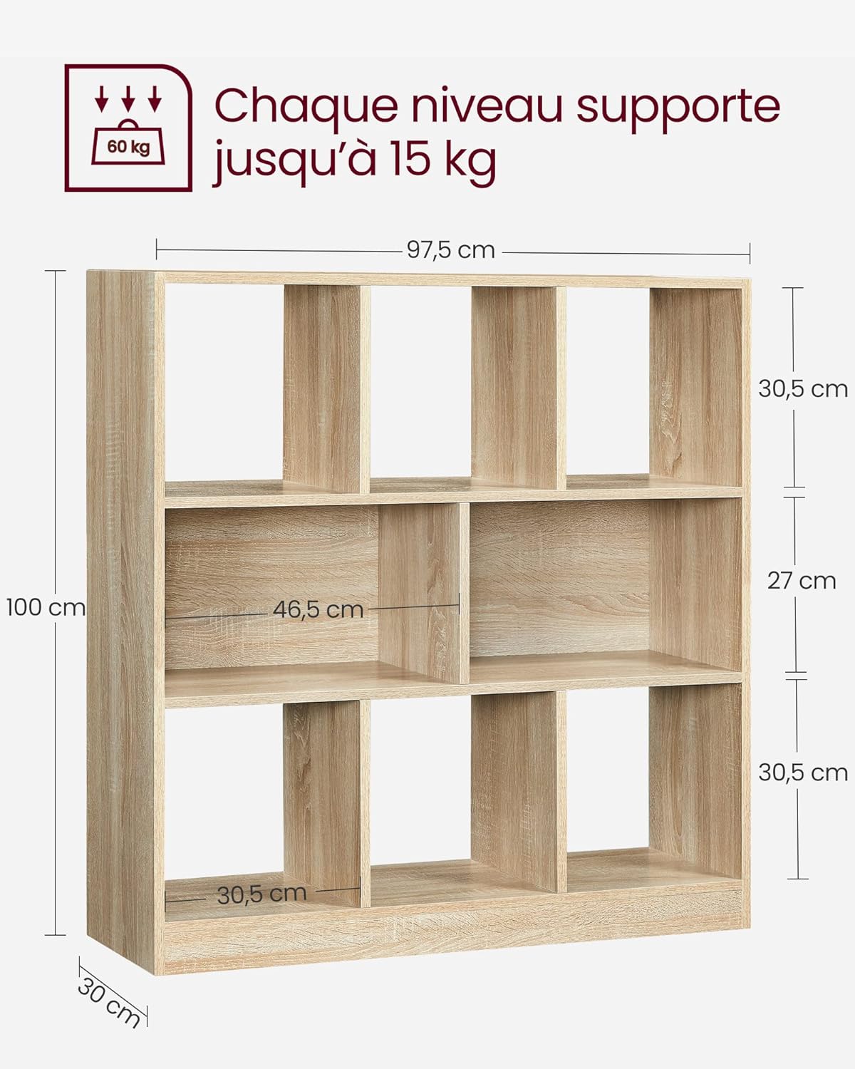 VASAGLE - étagère 8 cases - 30x97,5x100 cm - bois, modulable LBC52NL